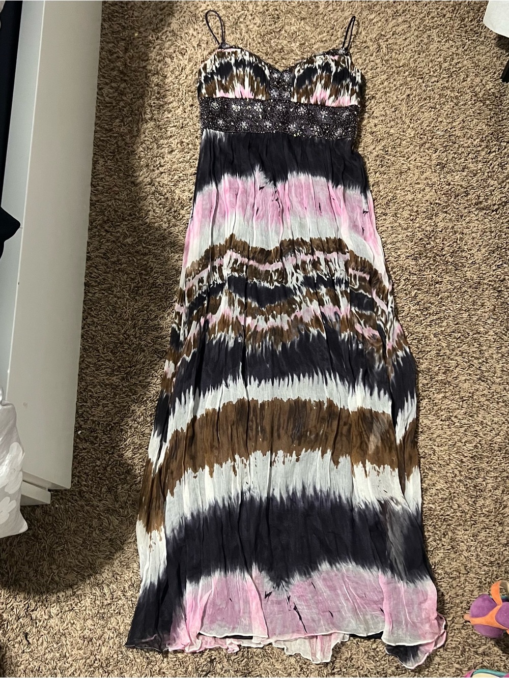 Xscape Tie-Dye Spaghetti Strap Maxi Dress in Pink, Black & Brown